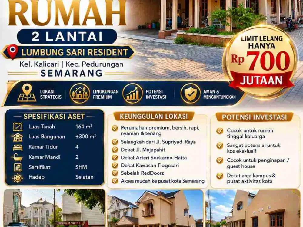 Rumah 2 lantai dalam perumahan Premium di Semarang, SHM, bangunan 300, Limit Lelang cuma 700 jutaan,Harga segini dapat rumah sebesar ini,Langka banget.