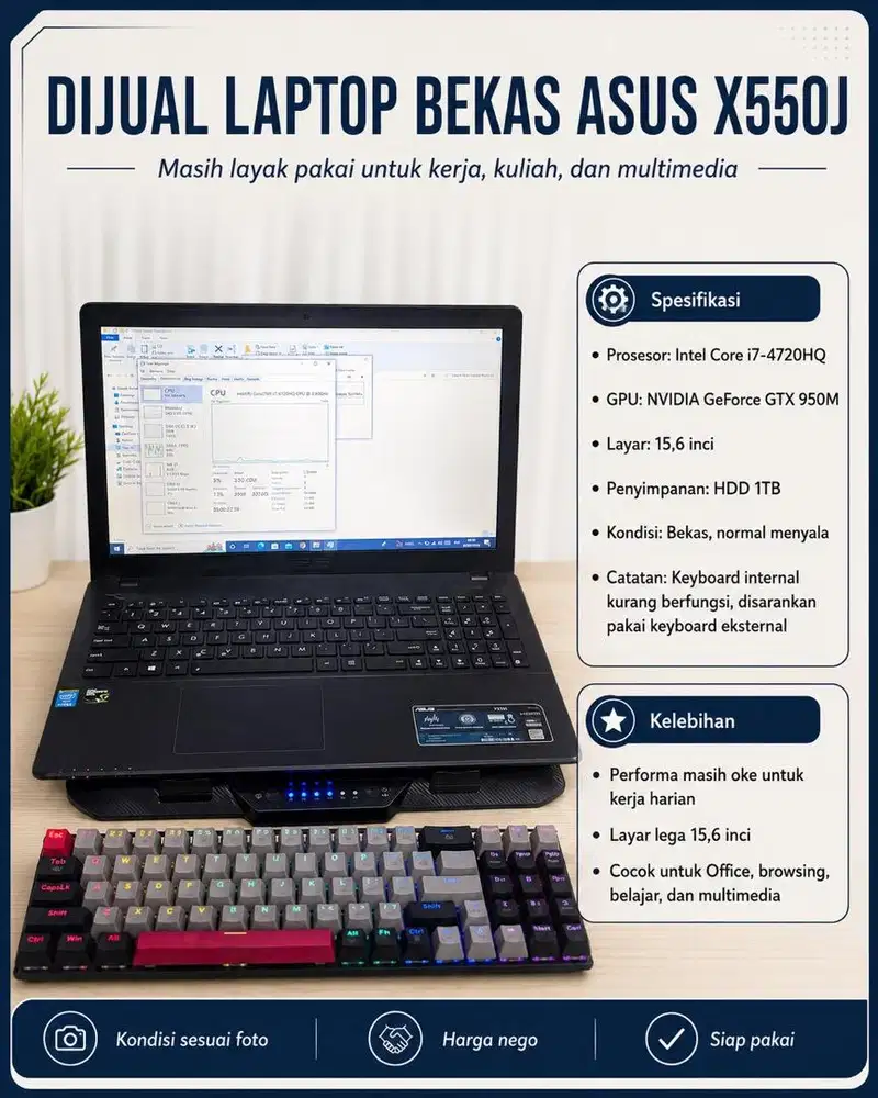 Dijual Laptop ASUS X550J Core i7 Gen 4 VGA GTX 950M — Harga Nego
