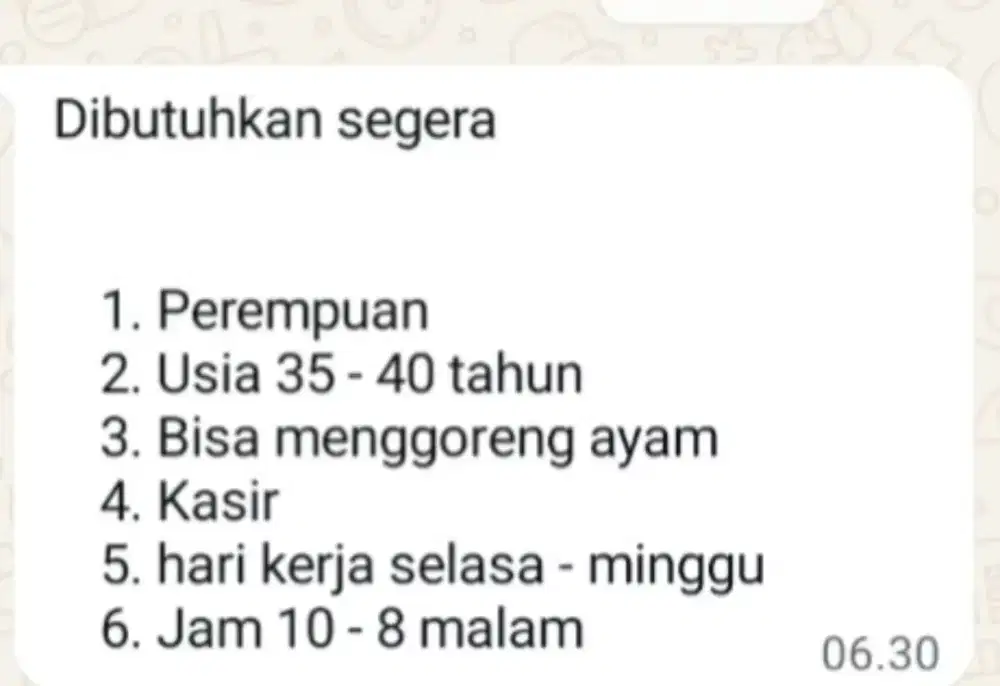 Dibutuhkan penjaga warung ayam goreng
