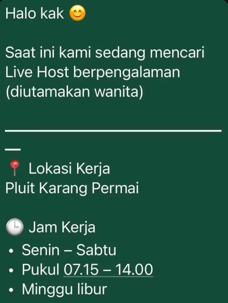 Kami sedang mencari host live streaming yang berpengalaman.