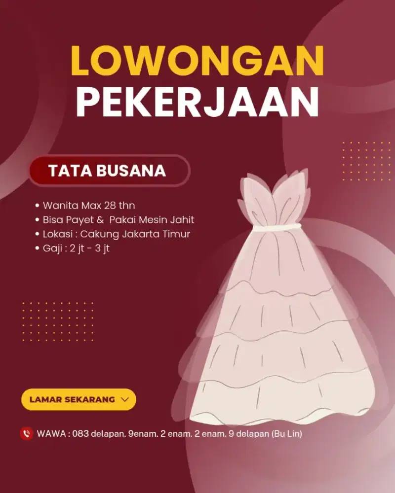 Loker Payet tata busana butik gaun dress jahit jakarta timur bridal