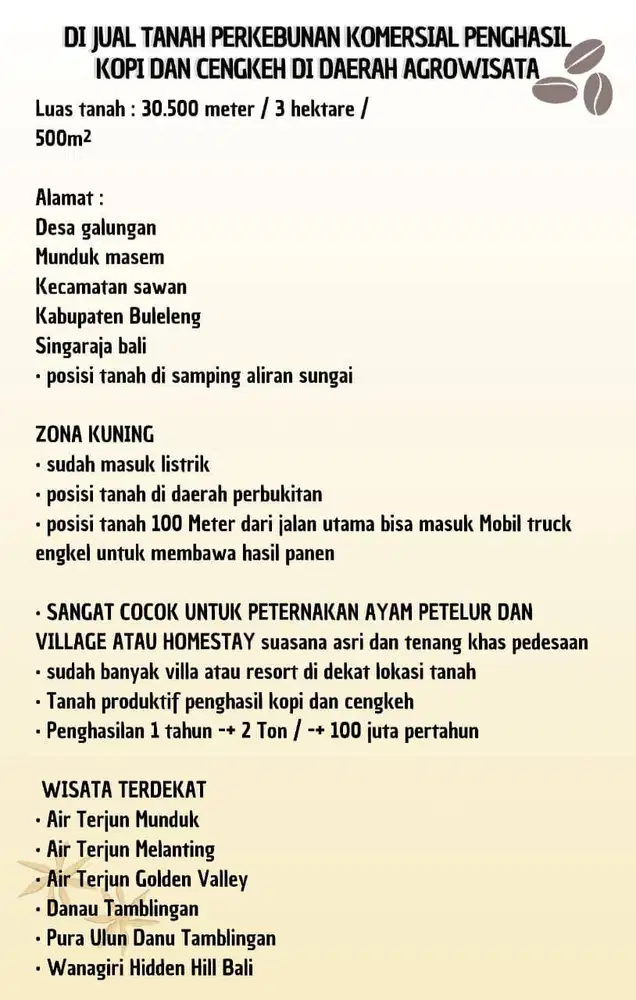Dijual Tanah komersial Kebun Kopi+Cengkeh dekat dengan jln Desa