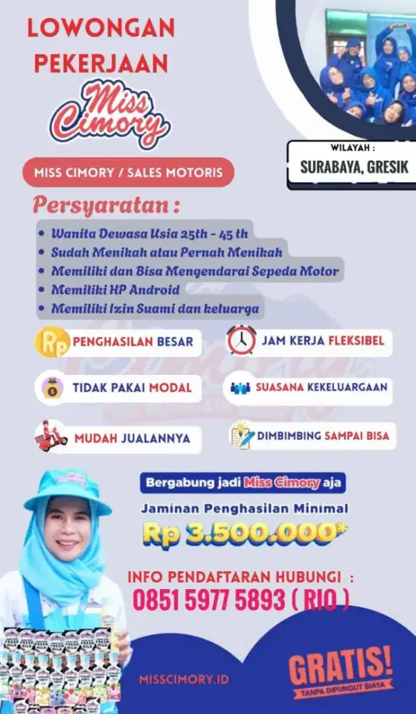 Lowongan Kerja Sales Motoris (Miss Cimory) Area Surabaya dan Gresik