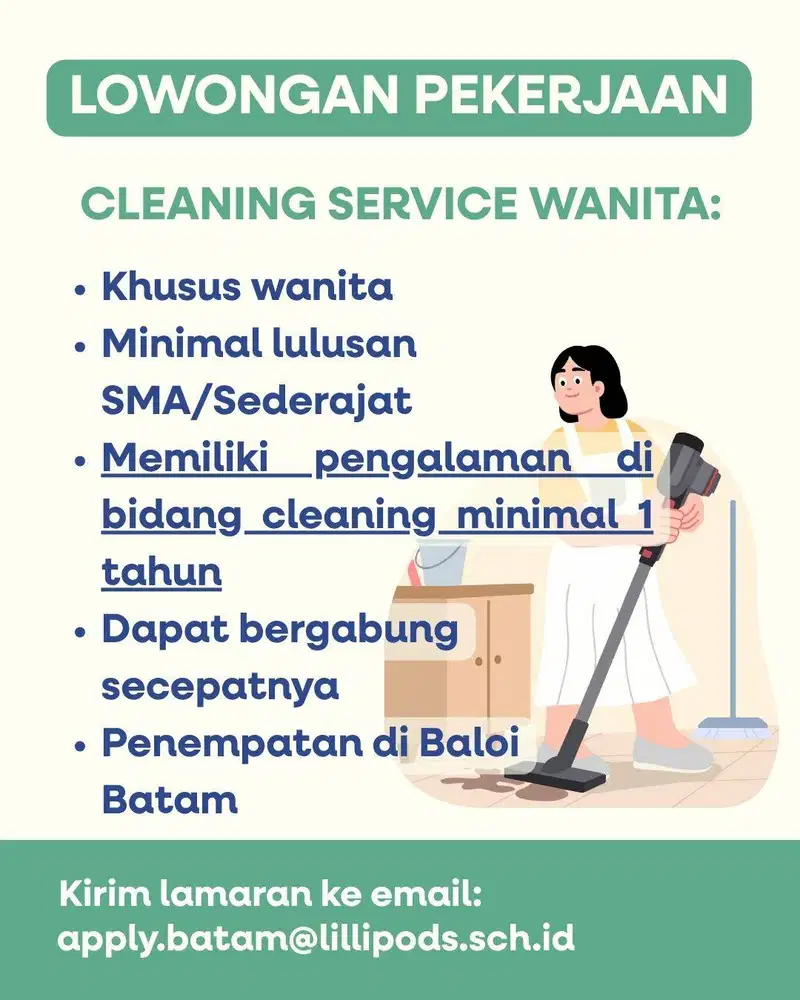 LOWONGAN PEKERJAAN CLEANING SERVICE BATAM