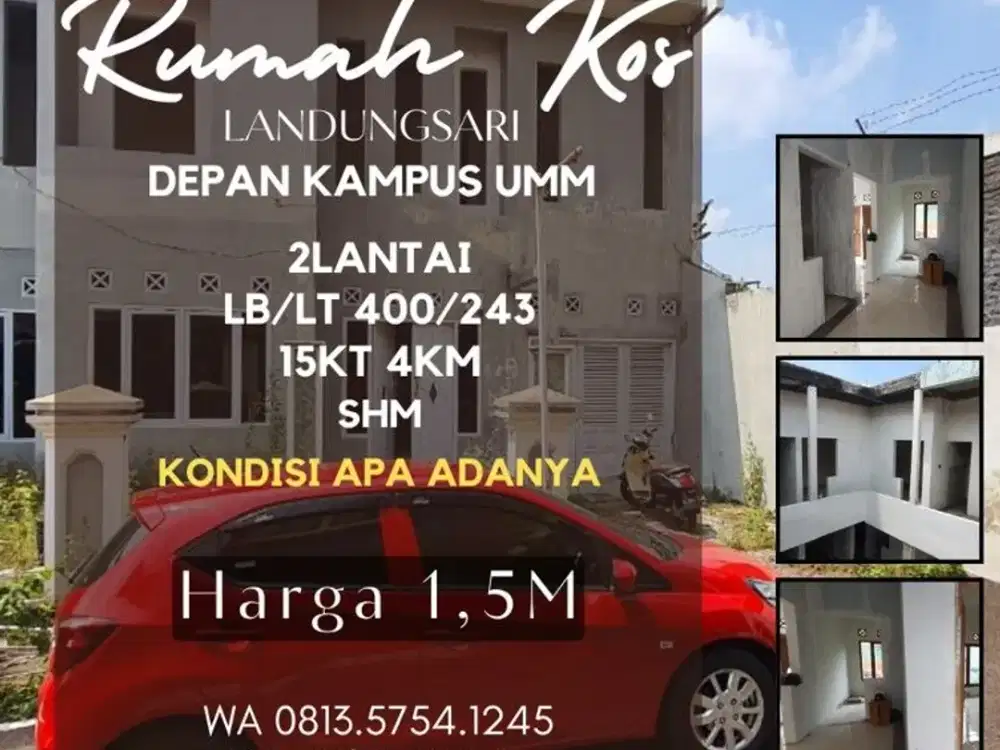 Rumah Kos dijual tlogomas landungsari kawasan UMM LT243 LB400 1,5M
