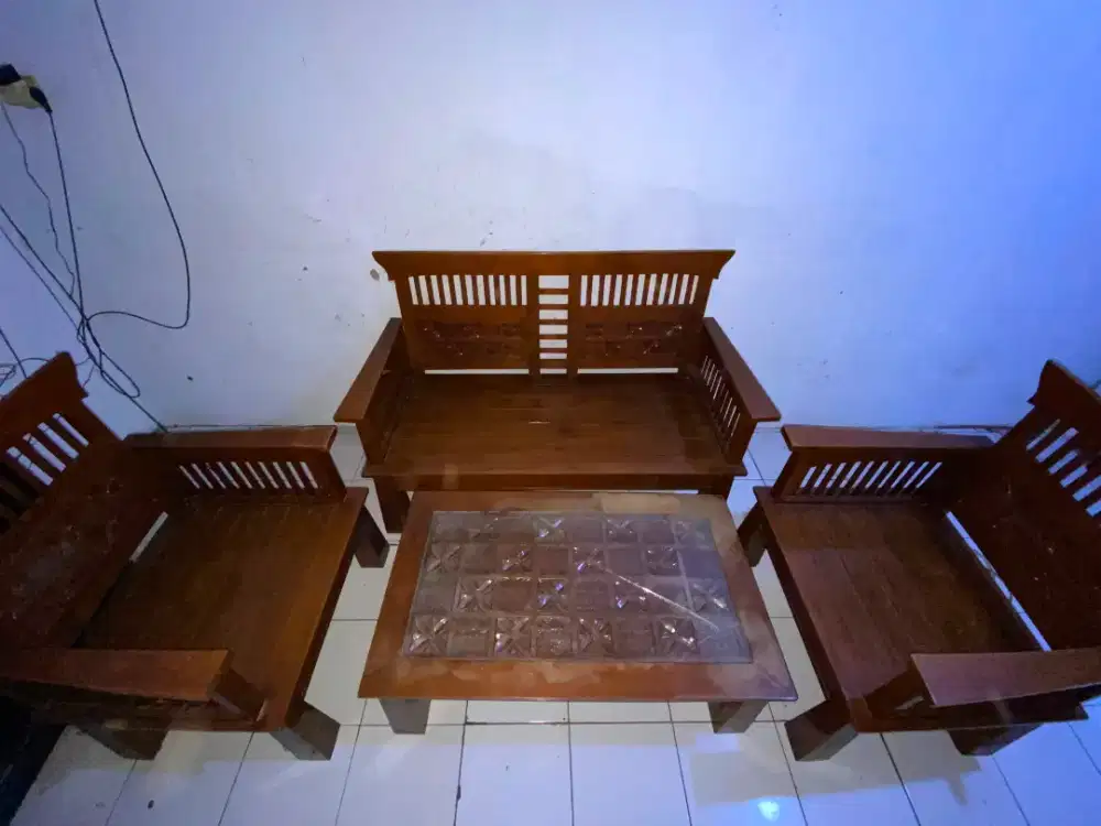 KURSI TAMU KAYU JATI ASLI 1 SET + MEJA KACA