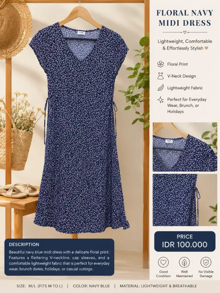 Floral Navy Blue Midi Dress – Casual & Comfortable