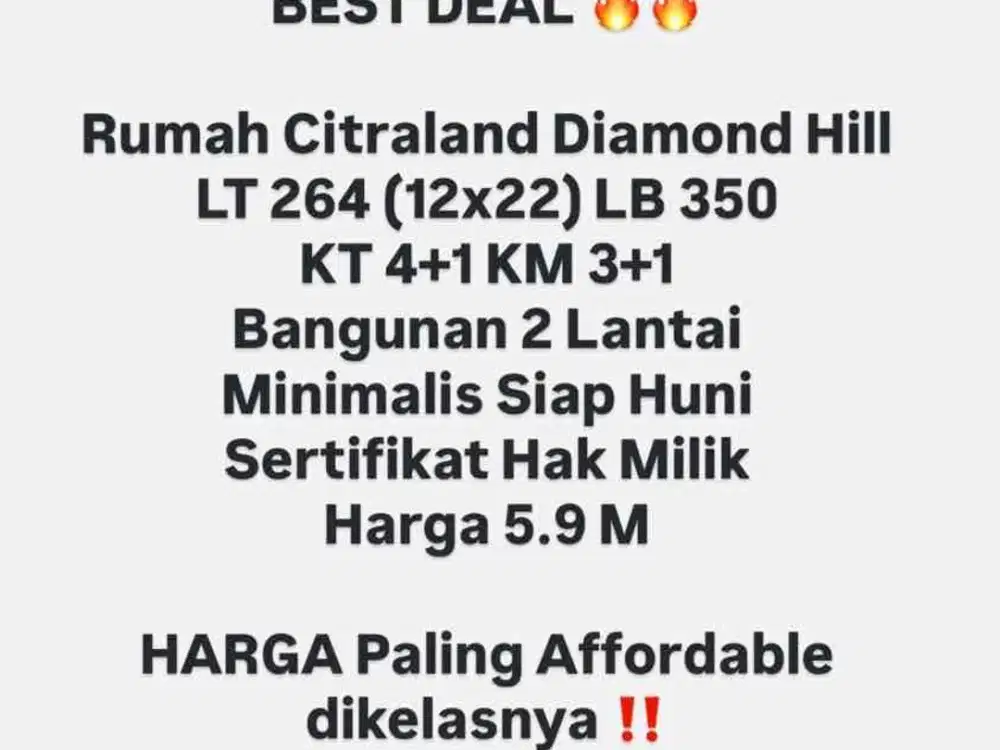 Murah, Rumah Diamond Hill Citraland dkt waterfront BGI Woodland