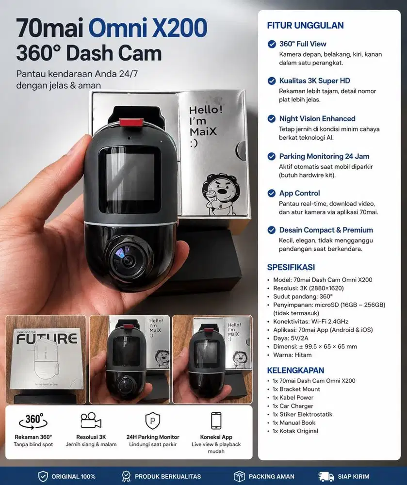 70mai Omni X200 Dash Cam 360° 3K + Hardwire Kit | Fullset Original