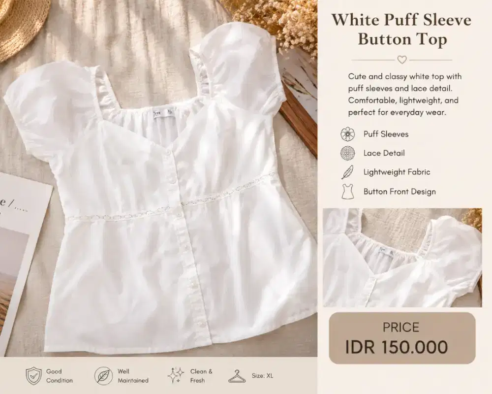 White Puff Sleeve Blouse XL – Elegant Casual Top