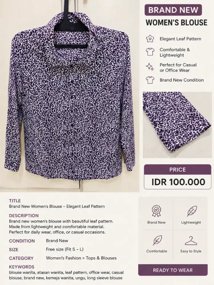 Brand New Purple Printed Women's Blouse