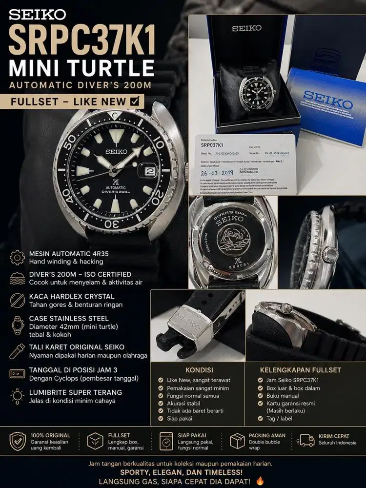 Seiko Prospex Mini Turtle SRPC37K1 Fullset lengkap