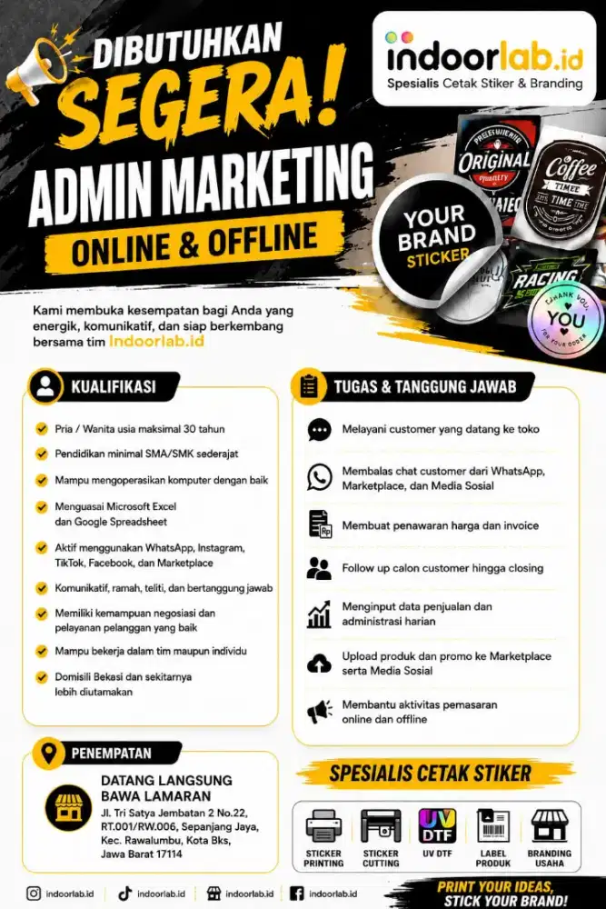DI BUTUHKAN SEGERA ADMIN MARKETING