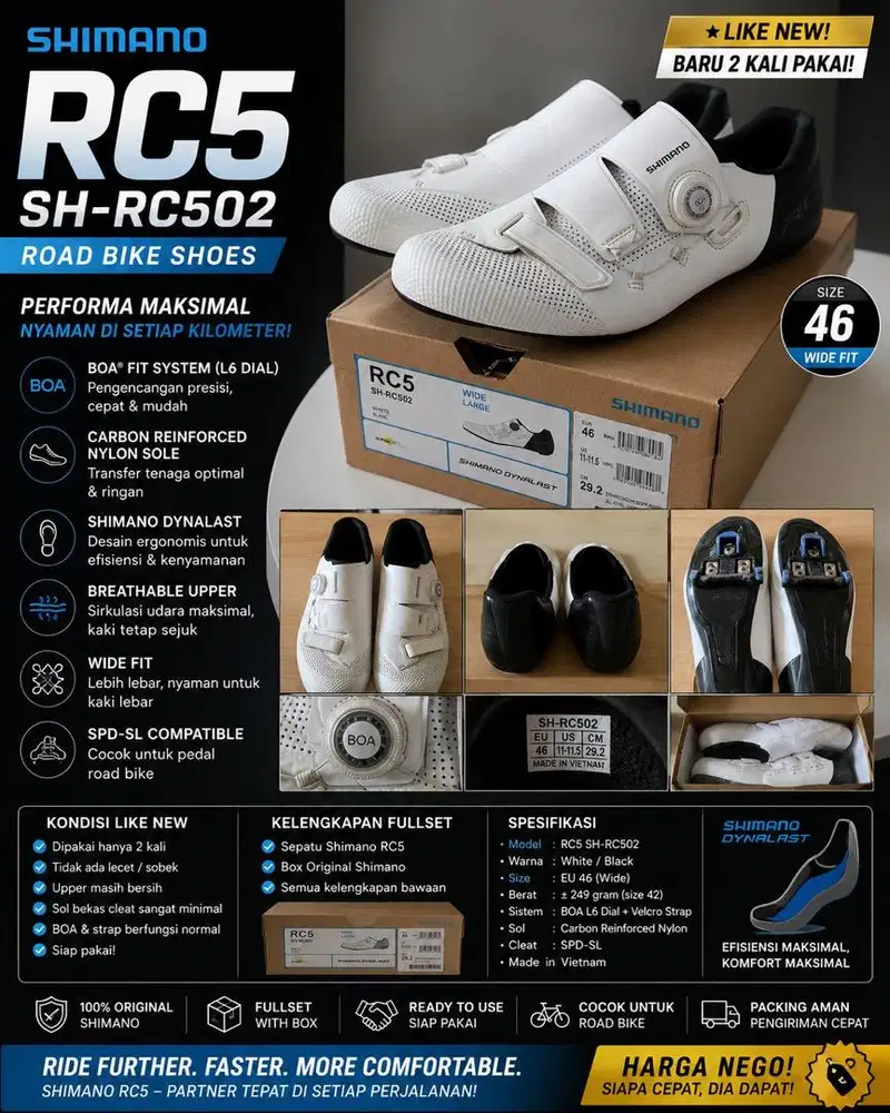 Shimano RC5 SH-RC502 White Wide Size 46 Like New Fullset Box