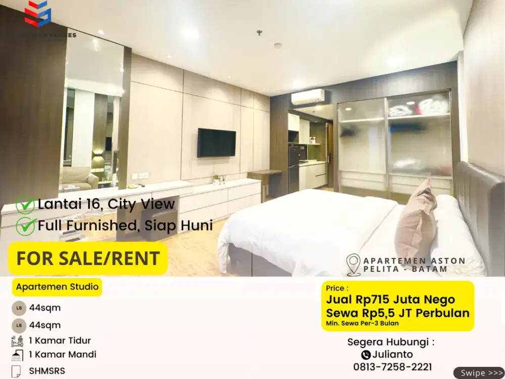 Disewa Apartemen Studio Full Furnished di Aston Pelita Batam