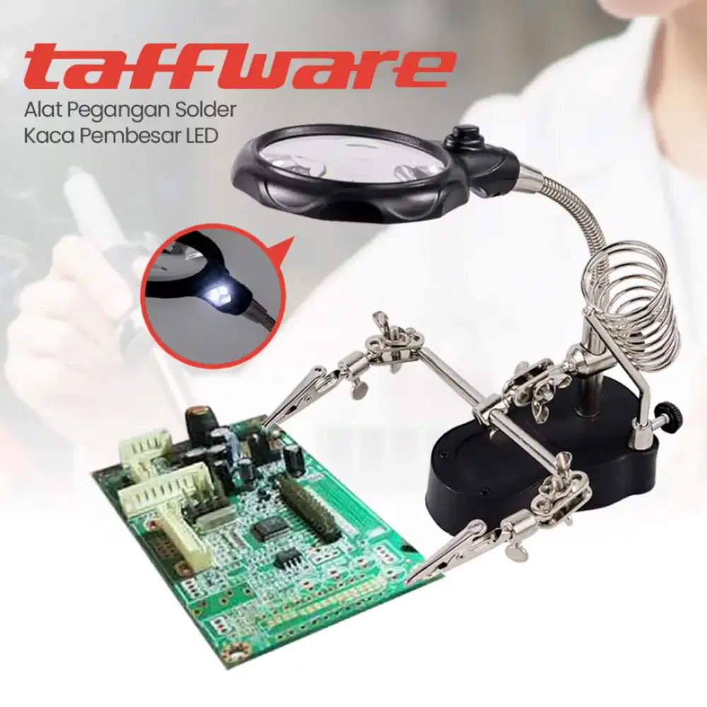 Taffware Alat Pegangan Solder Helping Hand LED Kaca Pembesar 3.5X