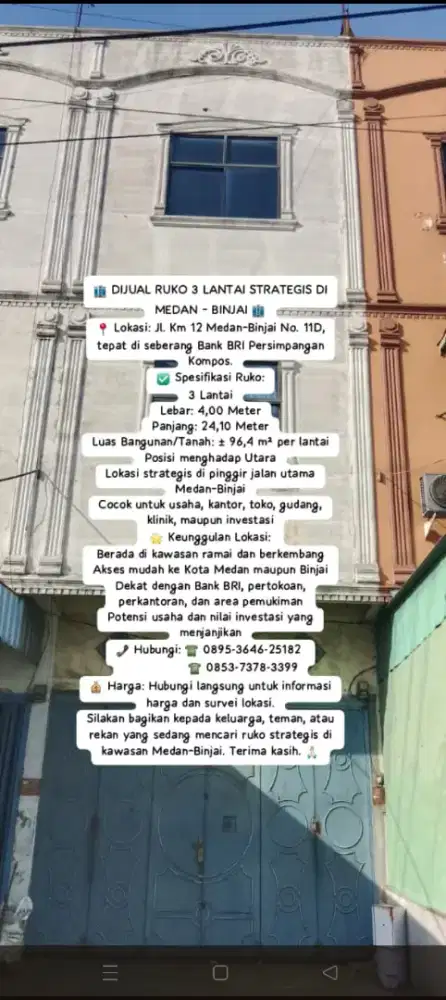 DiJual Ruko 3Lantai, lokasi strategis kawasan Medan-Binjai