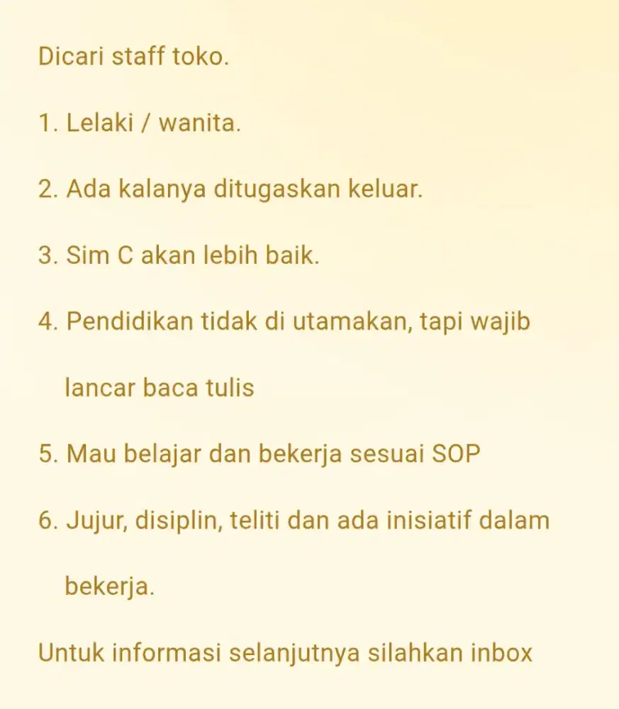 Di cari staff toko