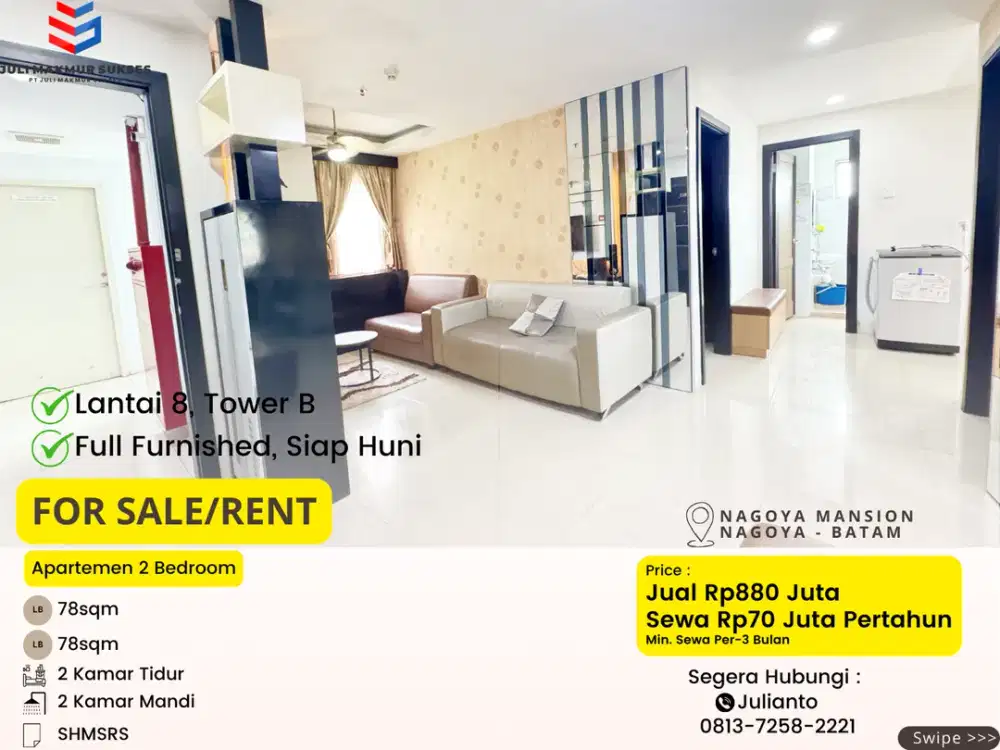Dijual Apartemen 2BR Full Furnished di Nagoya Mansion Batam