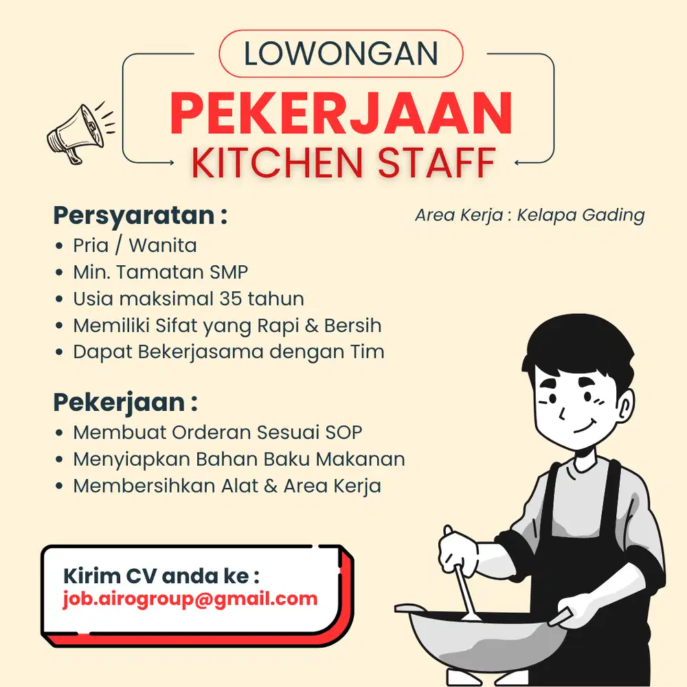 Lowongan Kitchen Staff Booth Kelapa Gading