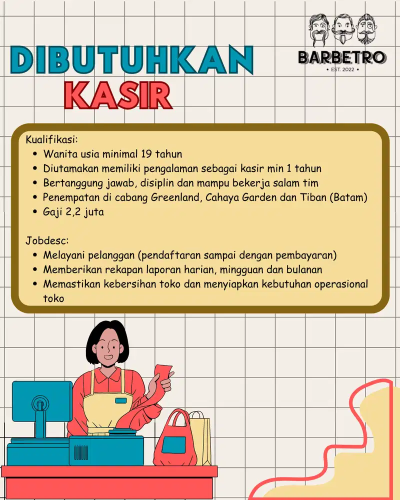 Dibutuhkan Segera Kasir Barbershop Penempatan Batam