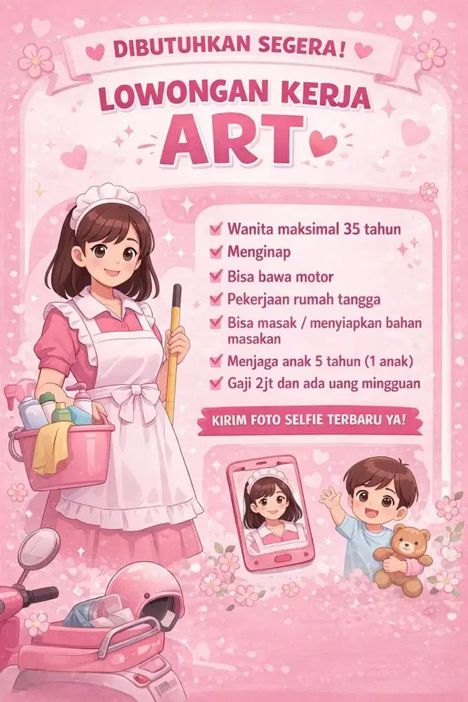 Dibutuhkan ART menginap, gaji naik setelah 1 bulan