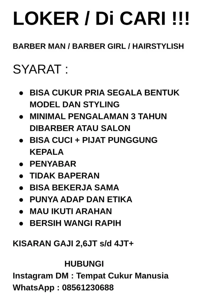 Lowongan Barbershoop hairstylish barber pangkas