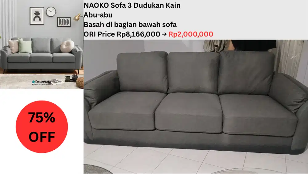 Heim Studio NAOKO Sofa 3 Dudukan Kain - Abu-abu Muda