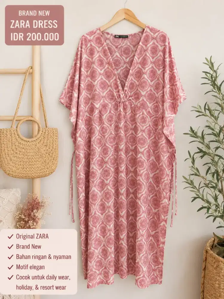 Original ZARA brand new pink printed kaftan dress.