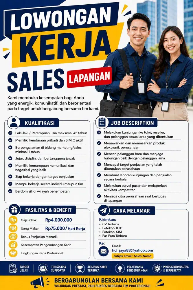 LOWONGAN KERJA SALES LAPANGAN UMUR MAX 45 TH , BUTUH URGENT
