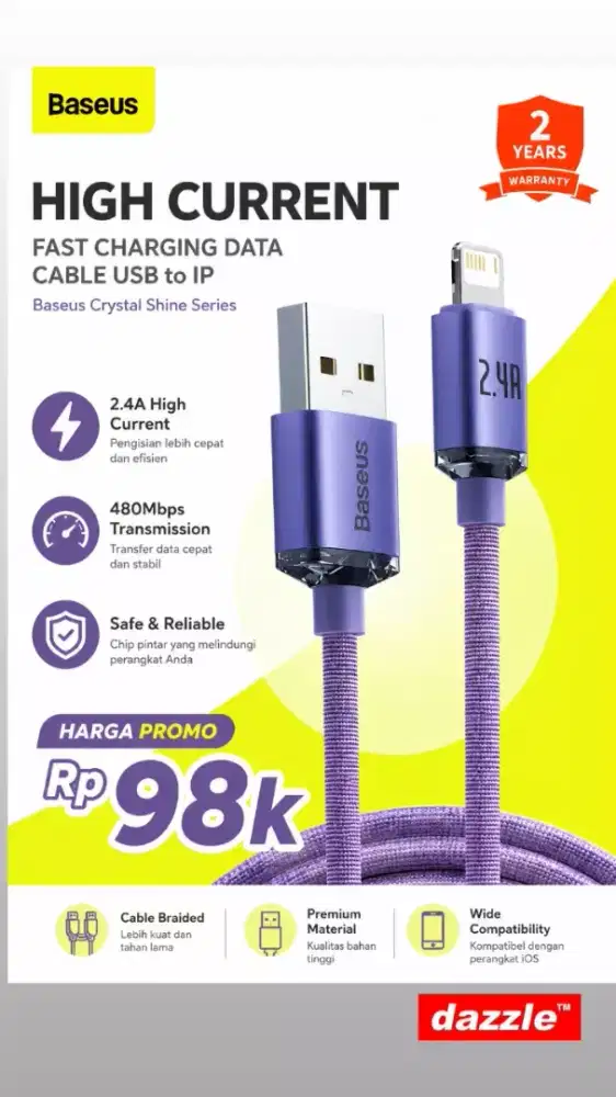 Kabel data baseus crystal USB to L 2,4 A 1,2m purple/ cajy000005