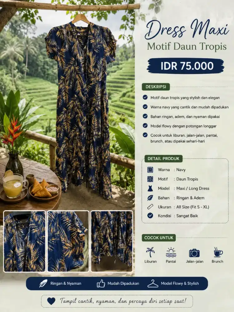 Dress Maxi Motif Daun Tropis Navy