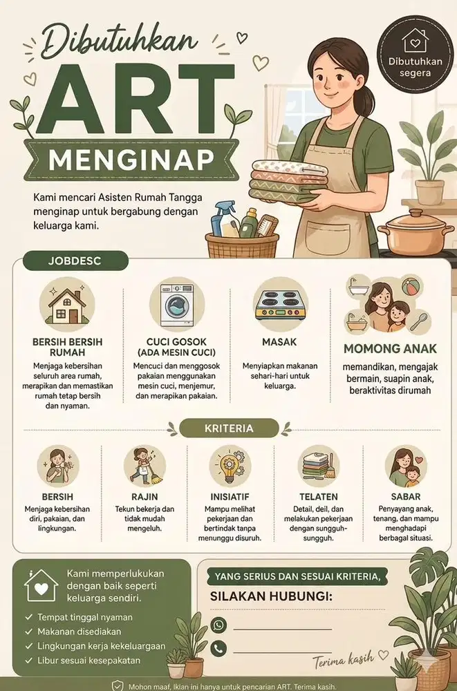 Dibutuhkan art menginap dan momong anak