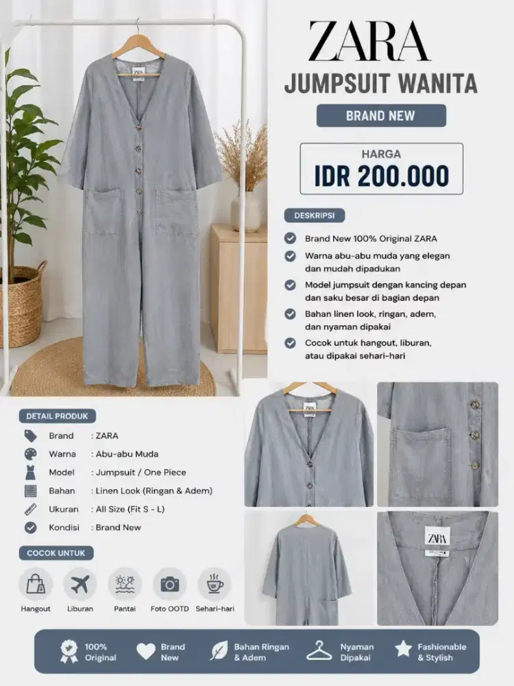 ZARA Grey Jumpsuit (Brand New)