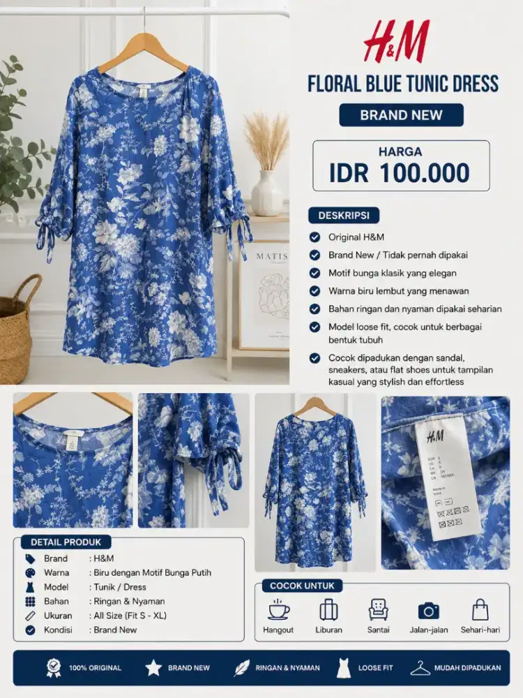 H&M Floral Blue Tunic Dress – Brand New