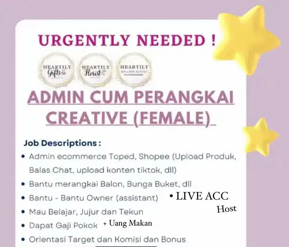LOKER  WANITA ADMIN RANGKAP PERANGKAI BALON GIFT TANJUNG DUREN GROGOL