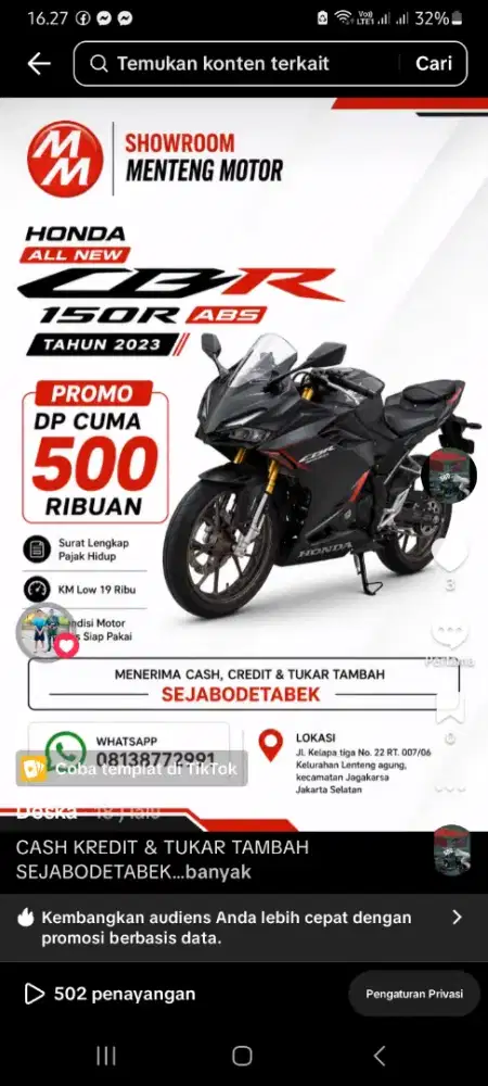 HONDA ALL NEW CBR 150R ABS DP CUMA 500 RIBU
