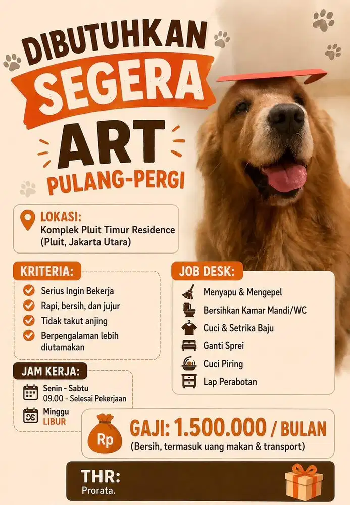 Dibutuhkan ART Pulang Pergi – Pluit Jakarta Utara