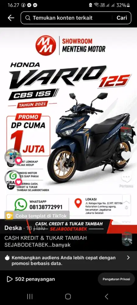 CASH & KREDIT DP CUMA 1 JUTA VARIO 125 LED NEW