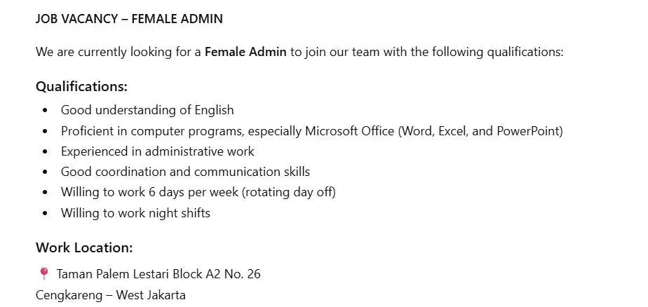 JOB VACANCY – FEMALE ADMIN