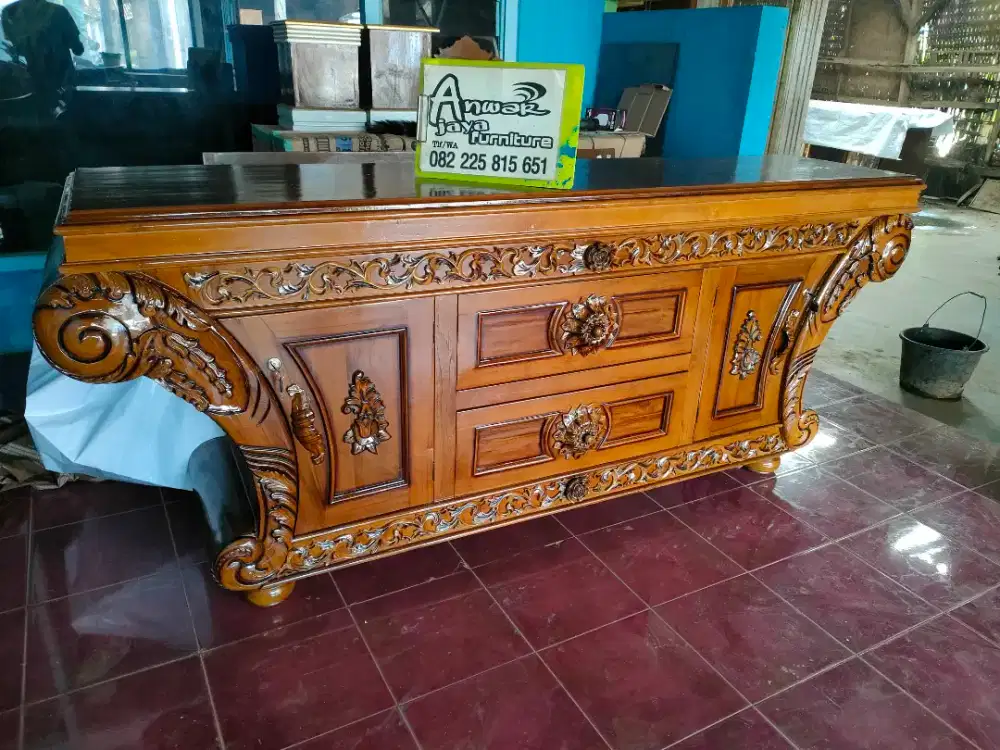 Bufet ukir tv new ready siap kirim full kayu jati