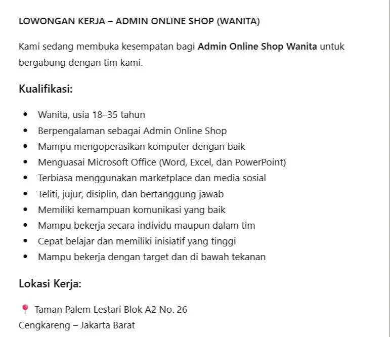 LOWONGAN KERJA – ADMIN ONLINE SHOP (WANITA)