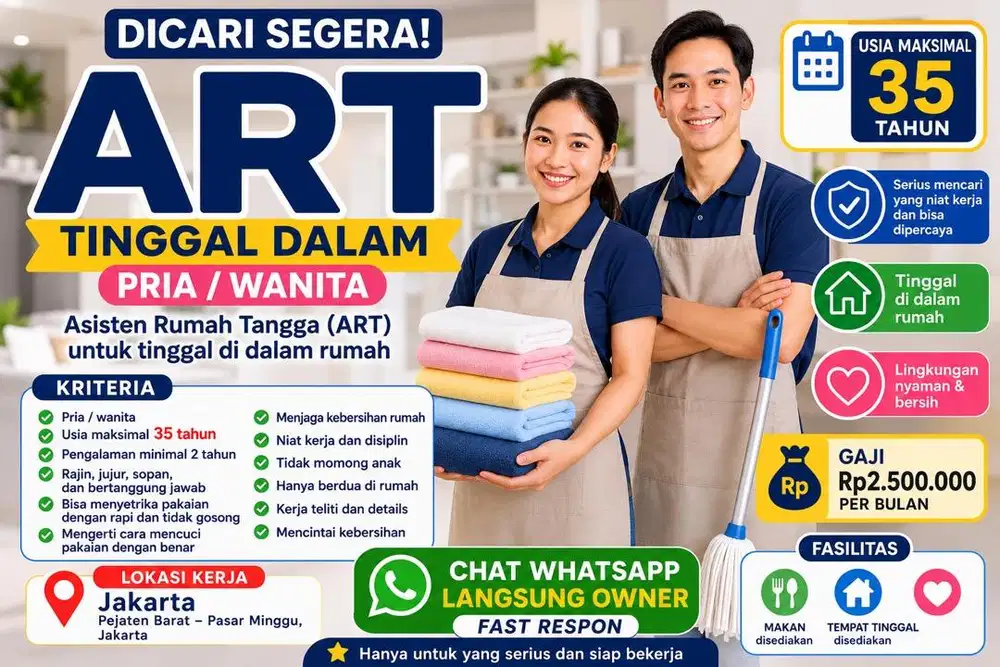 Dicari ART Tinggal Dalam – Pria/Wanita