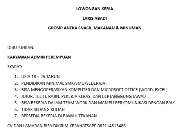 LOWONGAN KERJA KARYAWAN ADMIN PEREMPUAN