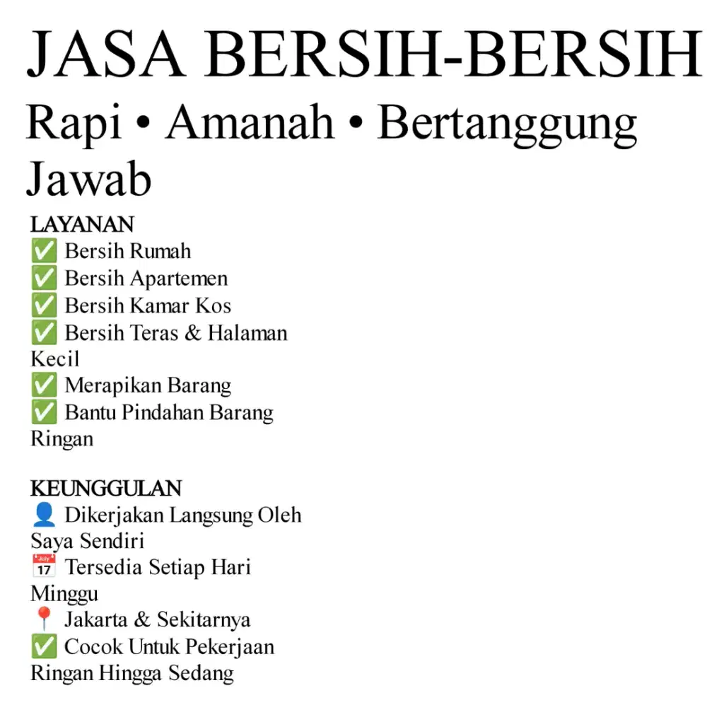 Jasa Bersih-Bersih & Bantu Pindahan Ringan