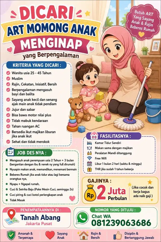 Lowongan kerja ART Momong Anak Menginap Jakarta Pusat