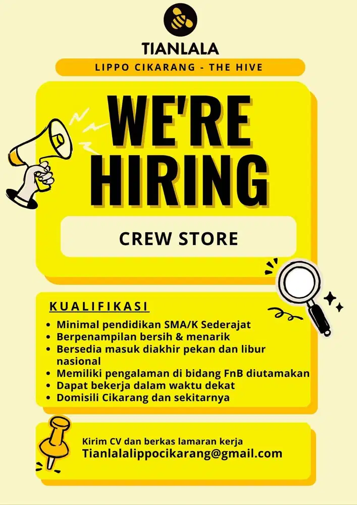 LOWONGAN KERJA CREW STORE - TIANLALA LIPPO CIKARANG