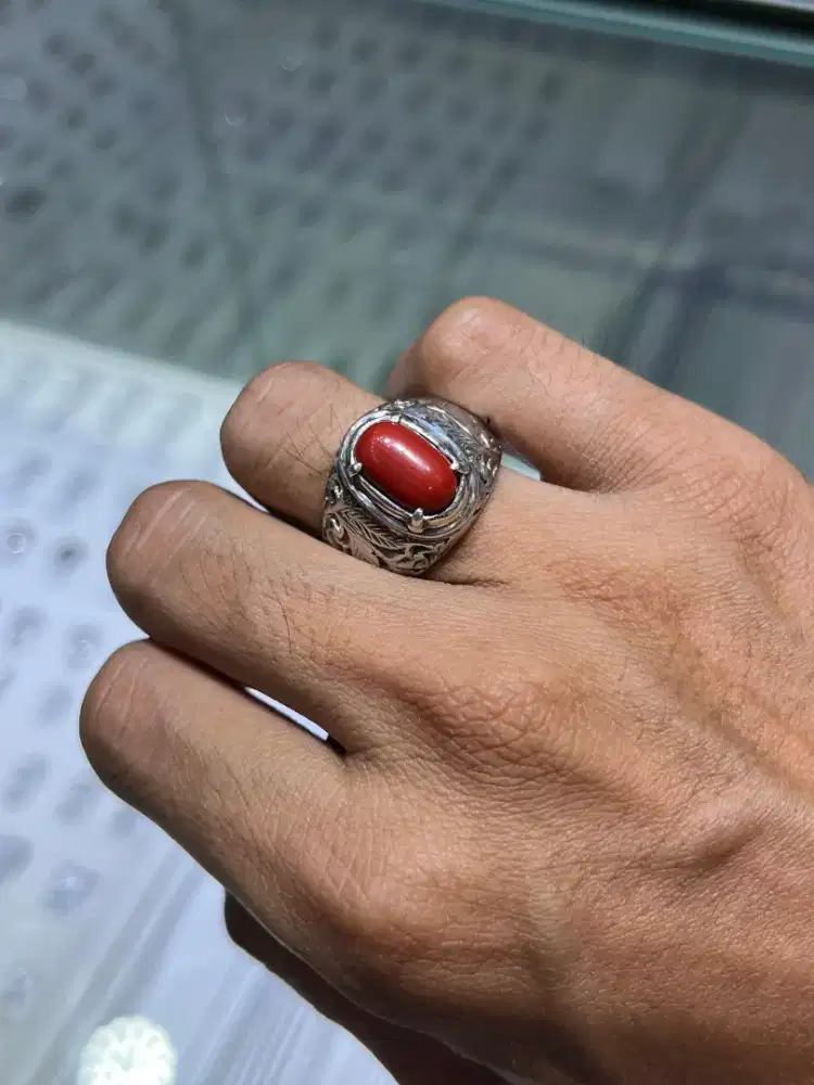 Cincin pria batu marjan red coral ring perak