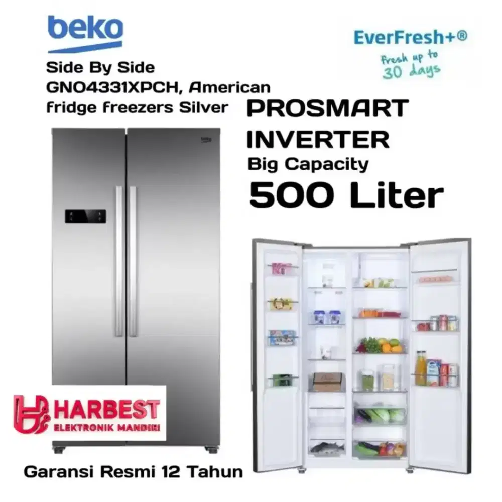 BEKO Stainless Steel SIDE BY SIDE PROSMART INVERTER 500 Ltr GNO4331XPC