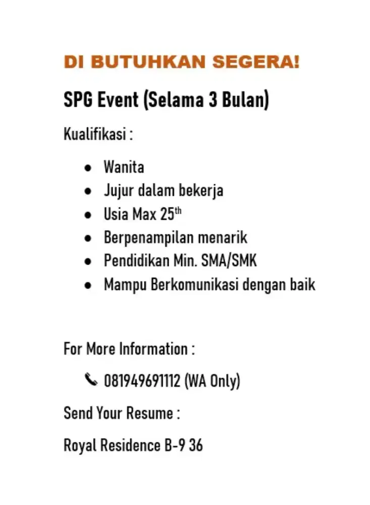Loker SPG event di Royal plaza sby